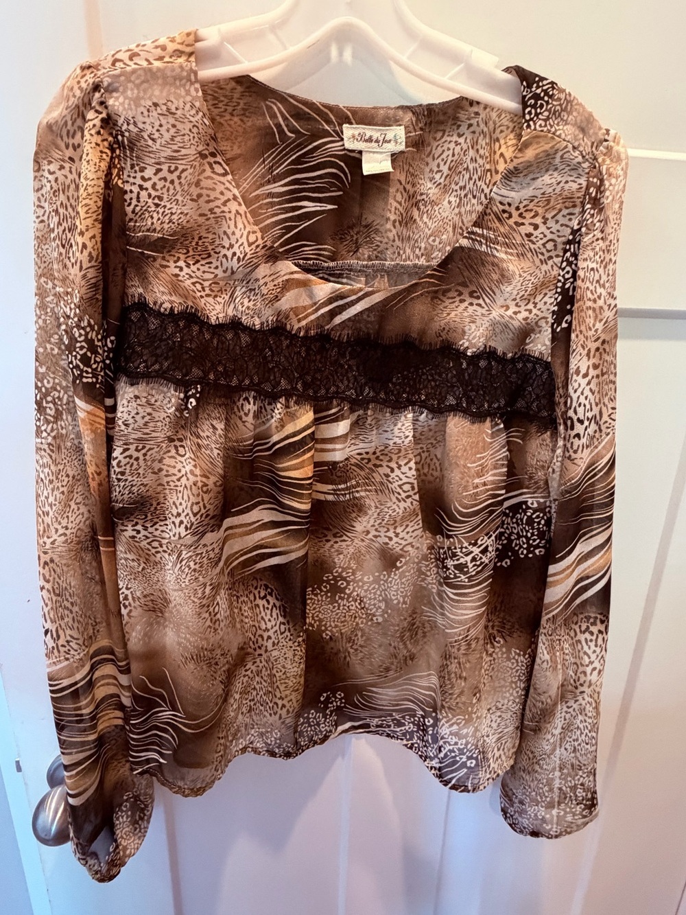 Bella Du Jour Large Animal Print Lace Blouse Brown Leopard Sheer Boutique Top